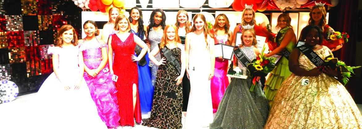 LEFT: Fifteen girls competed in the Miss Freestone County Pageant between three divisions - Miss, Teen, and Preteen, on Tuesday evening, June 11. RIGHT: Miss Preteen Freestone County Haylee West, 1st Runner-up Lillian Moore, and 2nd Runner-up Brooke Fisk. Photos by Mitchell Pate/Fairfield Recorder