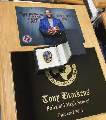 A plaque and ring presented to Tony Brackens as part of the festivities during his induction into the Texas High School Football Hall of Fame, May 7, at the Texas Sports Hall of Fame in Waco. Photos by Edgar Estrada/Fairfield Recorder