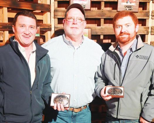 Danny Wren and JP Clopton with Texas Farm Credit were honored for their continued support at the 6th Annual Fairfield Young Farmers Banquet Saturday night, Jan. 29. They were presented belt buckles as well as inducted into the Fairfield Young Farmers Hall of Fame. Pictured are Danny Wren, Fairfield Young Farmers President Kevin Childers and JP Clopton. Photos by Mitchell Pate/Fairfield Recorder
