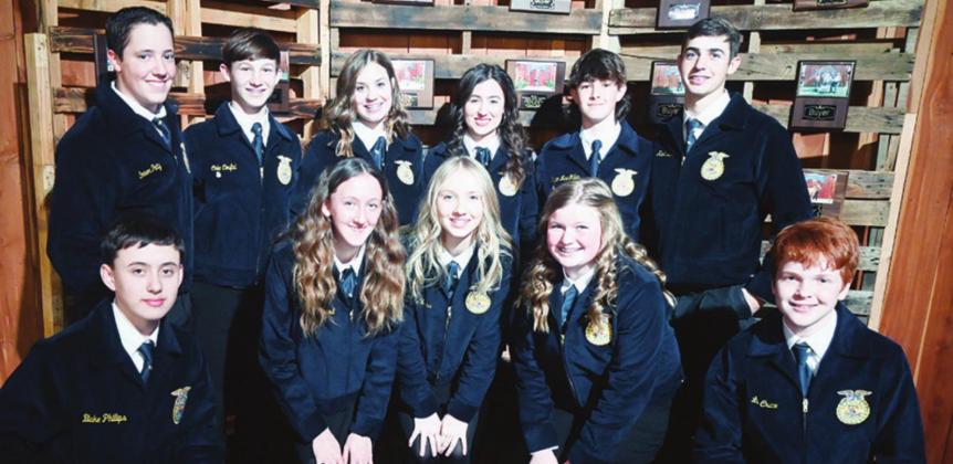 The Fairfield Young Farmers hosted their 6th Annual Banquet on Saturday night, Jan. 29, at the Twisted Vines Event Center. Pictured are Fairfield FFA members (back) Connor Petty, Cole Coufal, Bailey Bailey, Ally Robinson, Ryan MacMillan, Kade Bailey, (front) Blake Phillips, Makenzi Willard, Kaylee Williams, Rainy Bonds and Luke Cruce.